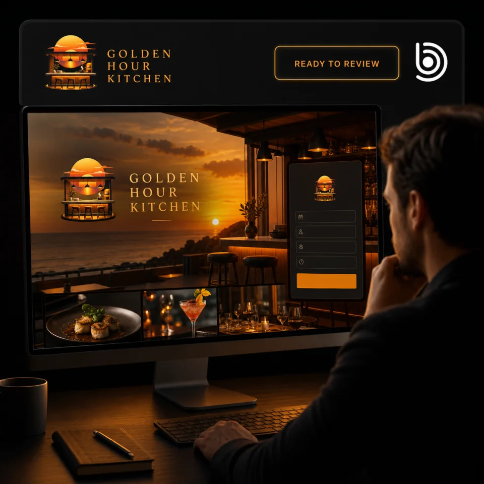 A business owner reviewing the Golden Hour Kitchen website in Bisible.